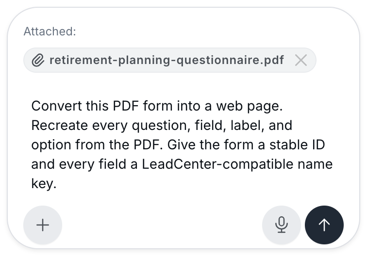 Linus AI message box with a PDF questionnaire attached and the conversion request filled in