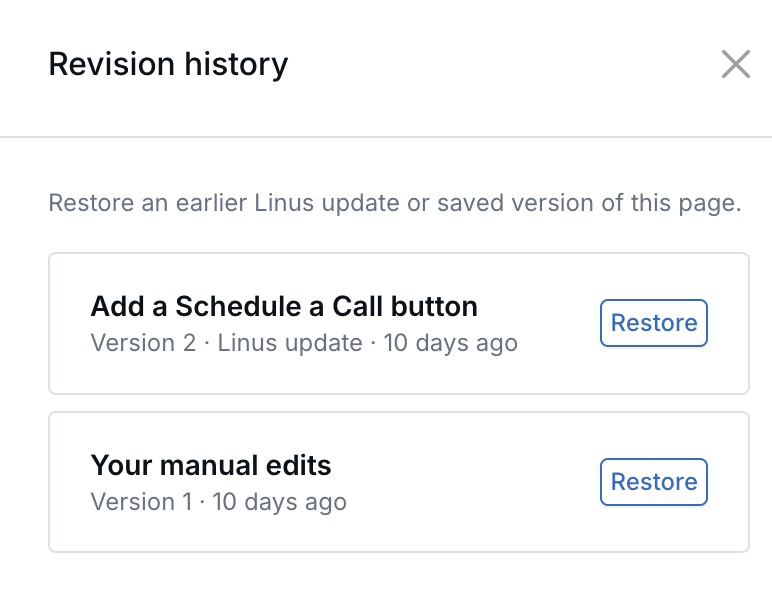 Linus AI Revision history panel listing a Linus update and manual edits, each with a Restore button