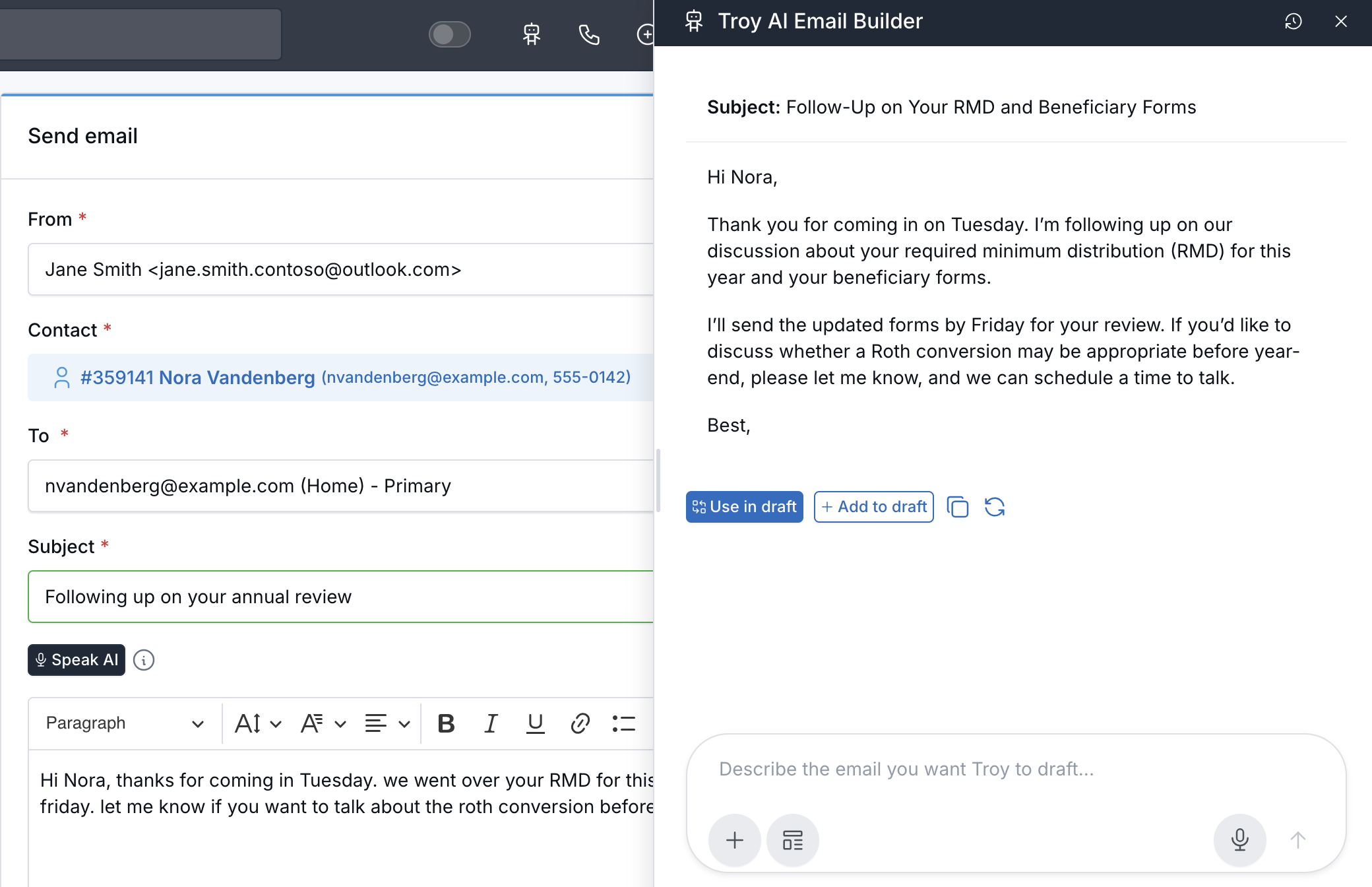 Send email form with a rough draft on the left and the Troy AI Email Builder sidebar showing a polished version on the right
