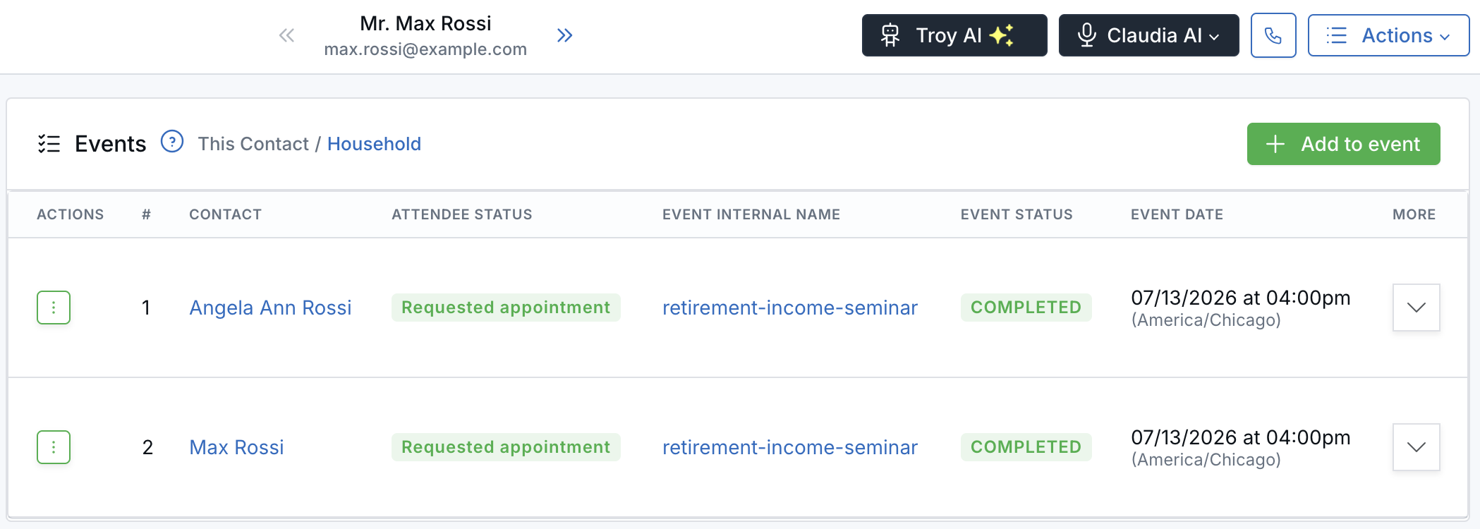 Contact Events tab in Household view showing seminar registrations for Angela Ann Rossi and Max Rossi