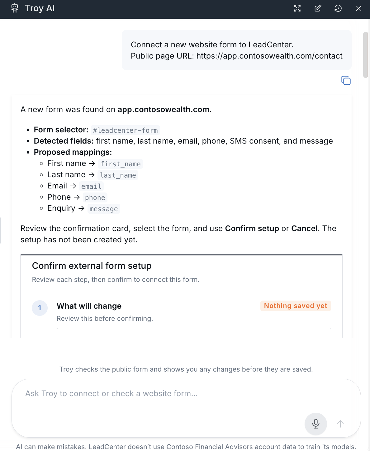 Troy AI panel showing a public page URL, the form Troy found, its proposed field mappings, and the start of the setup card