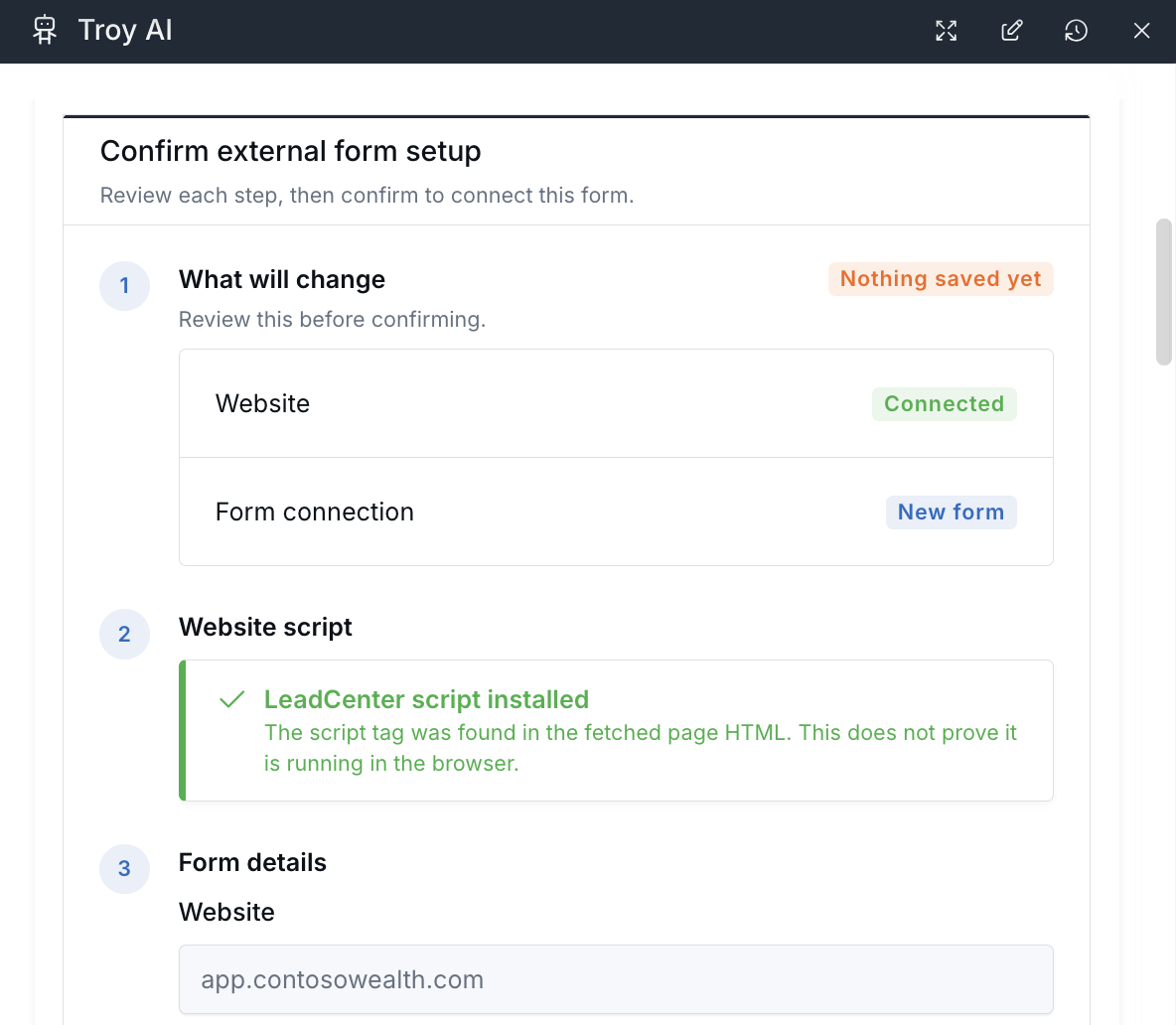 Setup card showing Nothing saved yet, Website Connected, Form connection New form, and LeadCenter script installed