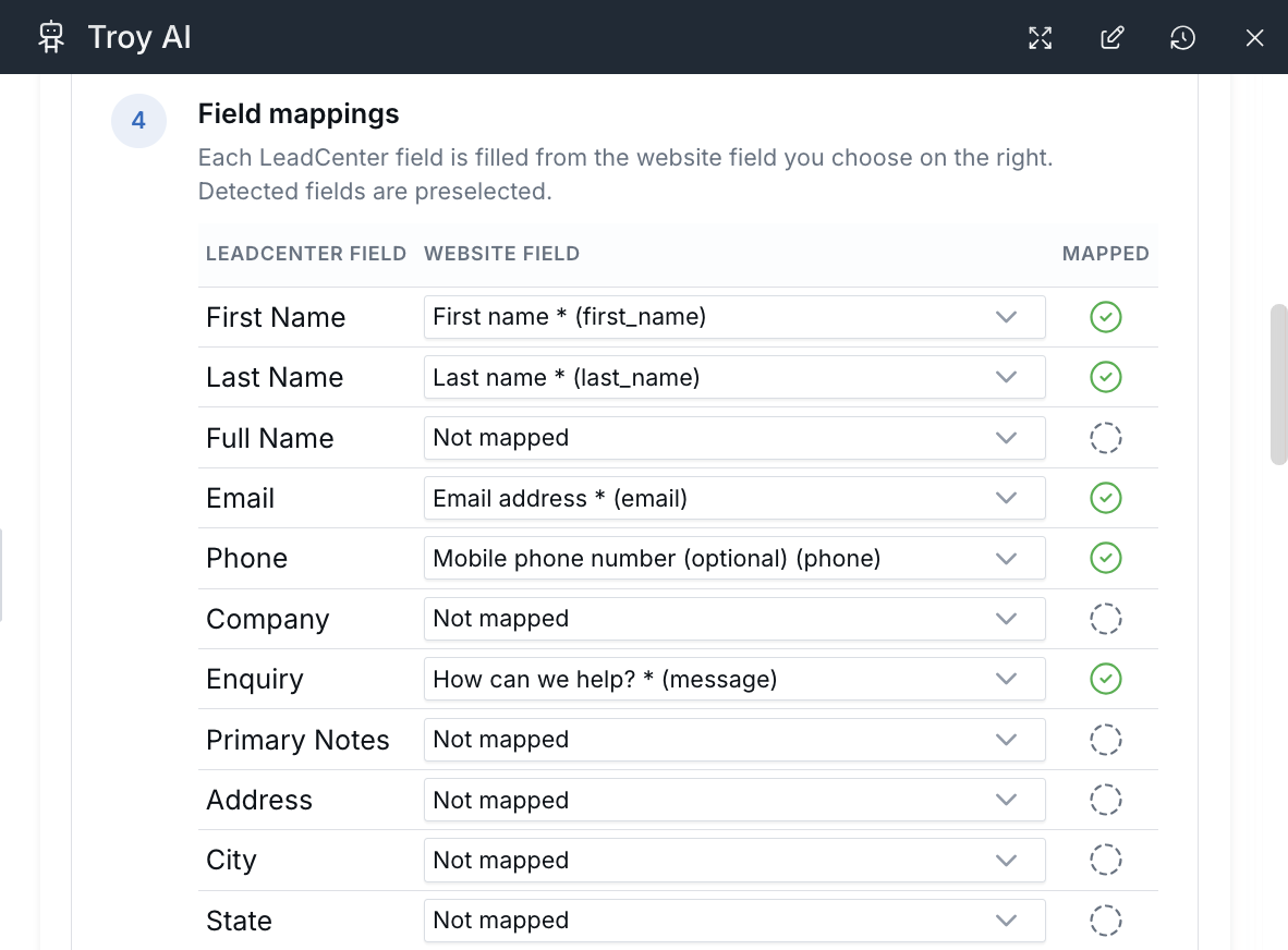 Field mappings step with first name, last name, email, phone, and message matched to website fields
