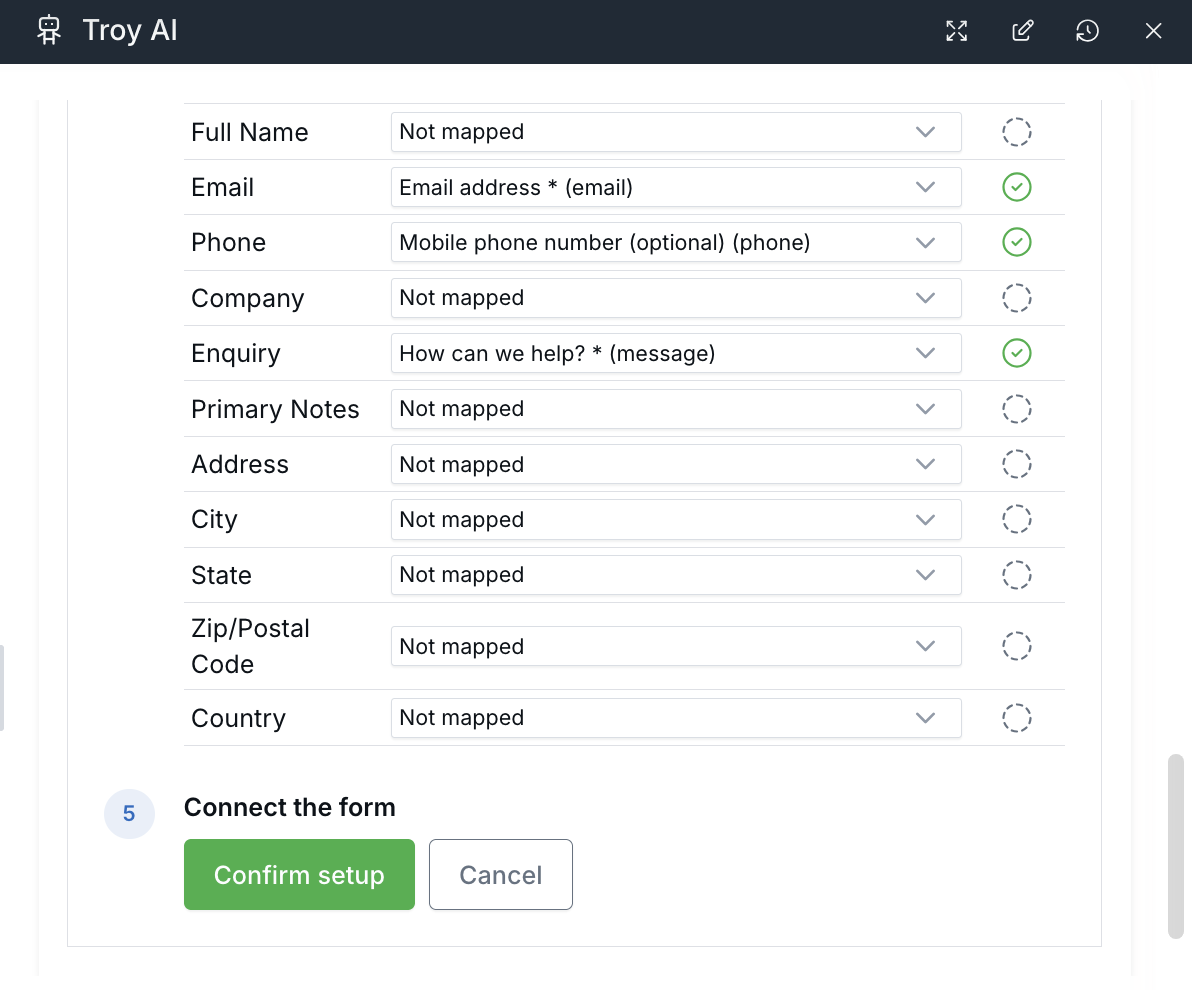 Connect the form step with Confirm setup and Cancel buttons