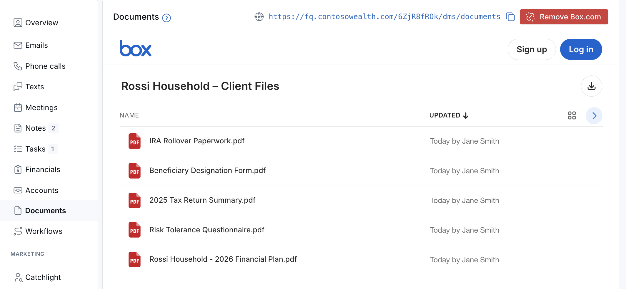 Contact Documents tab showing a linked Box folder named Rossi Household Client Files with five PDF files
