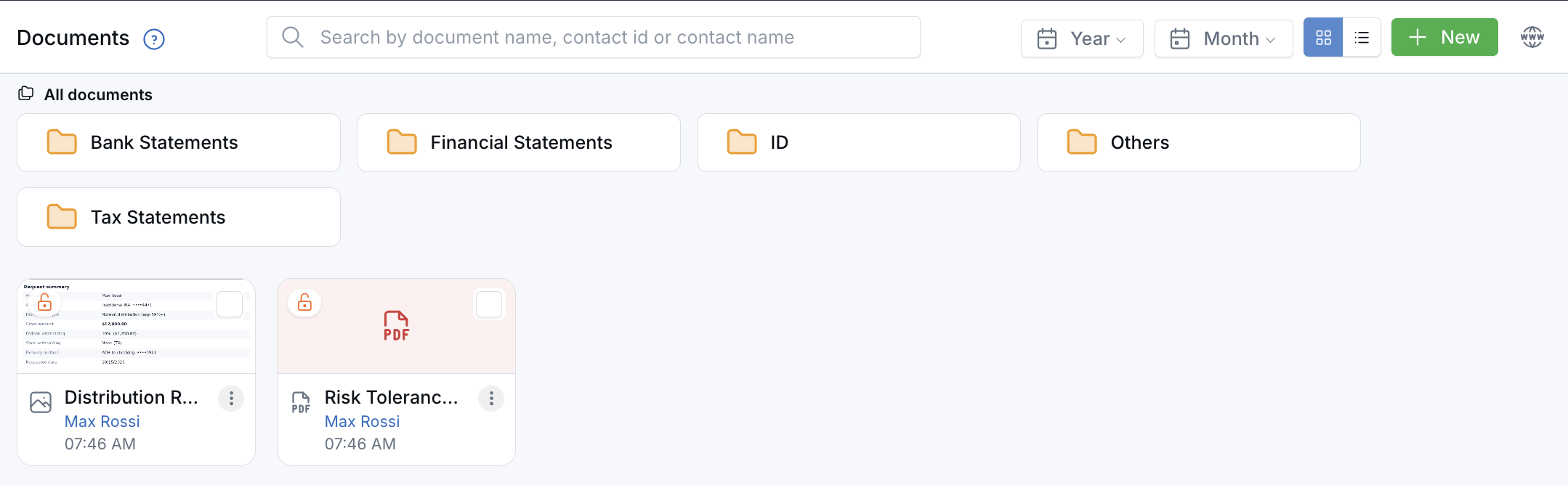 Documents page in folder view with category folders and file cards with previews
