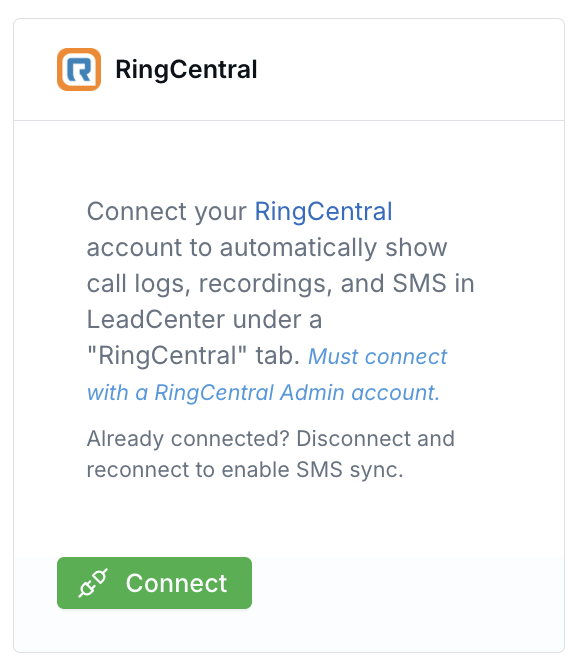 RingCentral card on the Integrations page with a Connect button