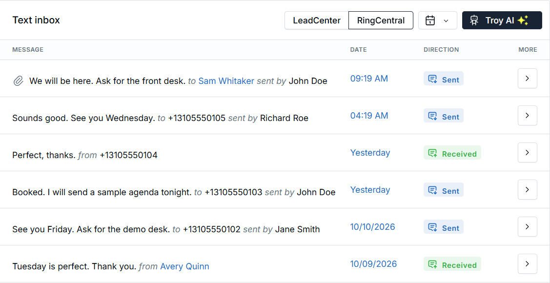 Text inbox with RingCentral selected, showing sent and received text conversations with dates