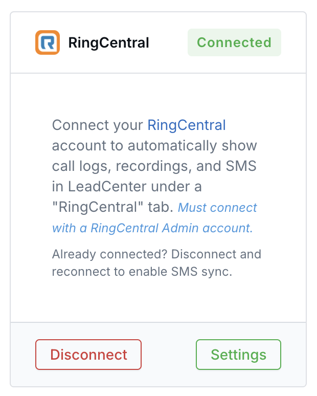 Connected RingCentral card with Disconnect and Settings buttons