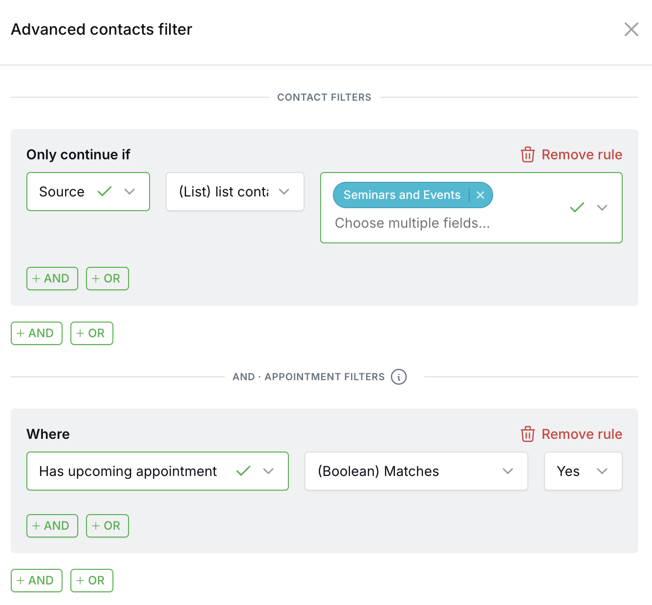 Advanced contacts filter with a Source contact rule and a Has upcoming appointment rule under Appointment filters