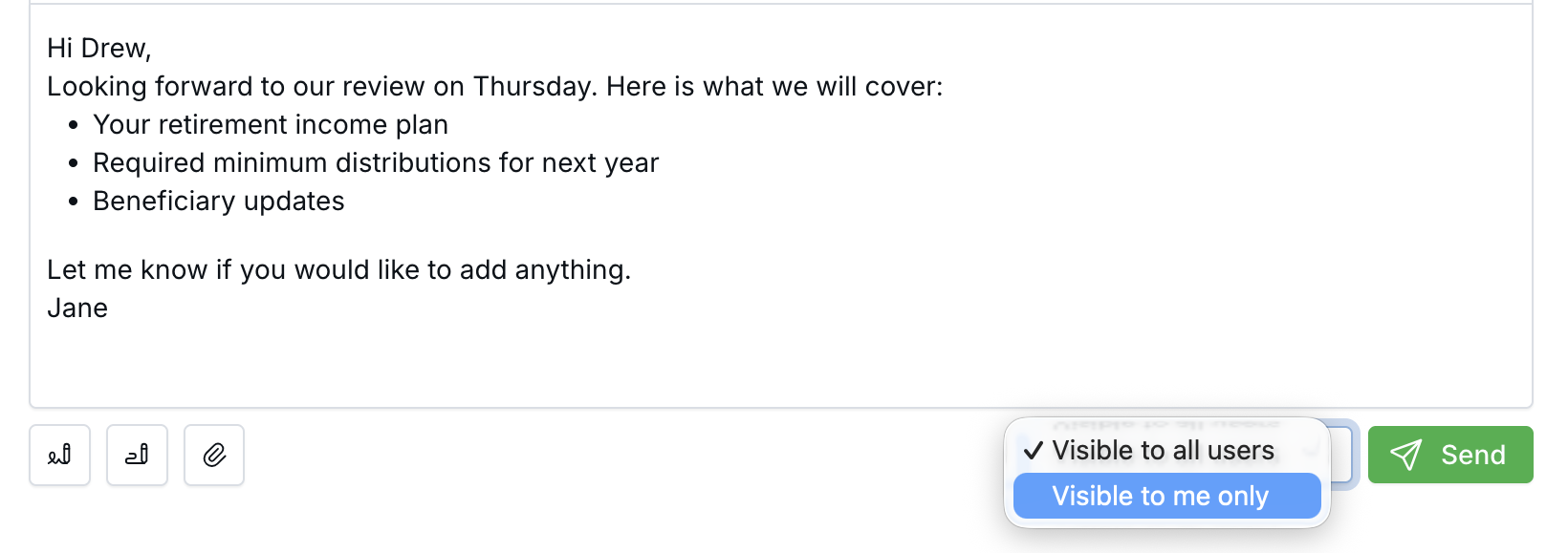 Email composer with the visibility menu open next to Send, showing Visible to all users and Visible to me only