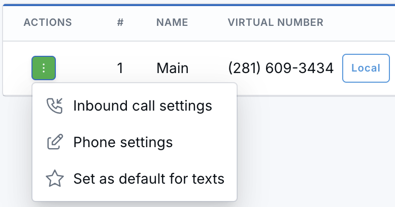 Phone numbers page with the Actions menu open, showing Set as default for texts