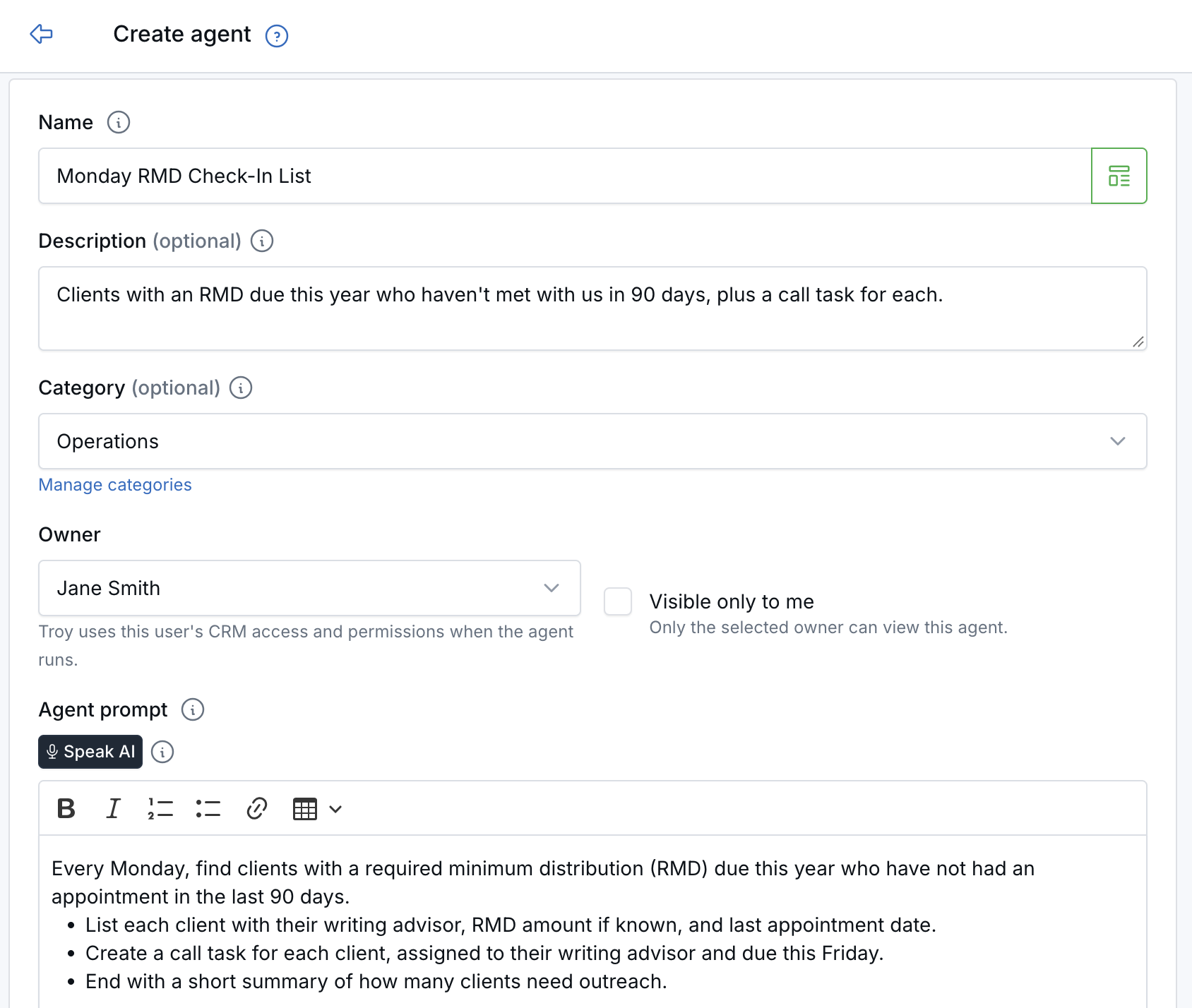 Create agent form with name, description, category, owner, Visible only to me, and agent prompt