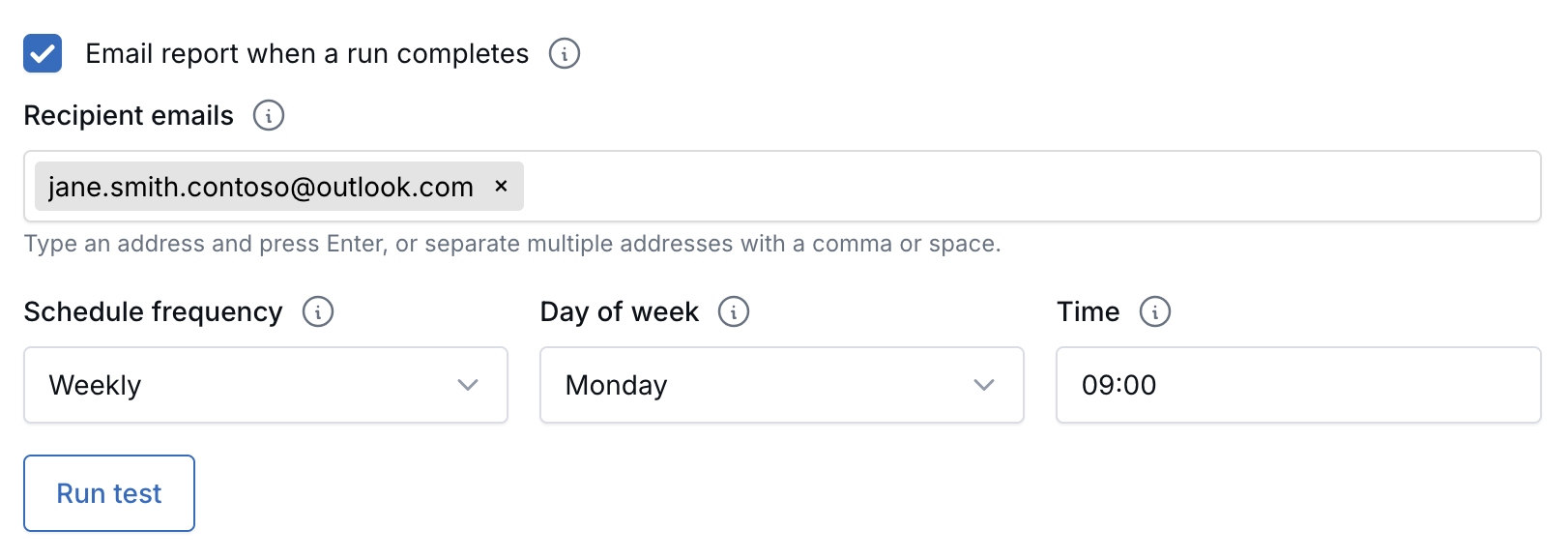 Email report option with recipient emails, and a weekly schedule on Monday at 09:00