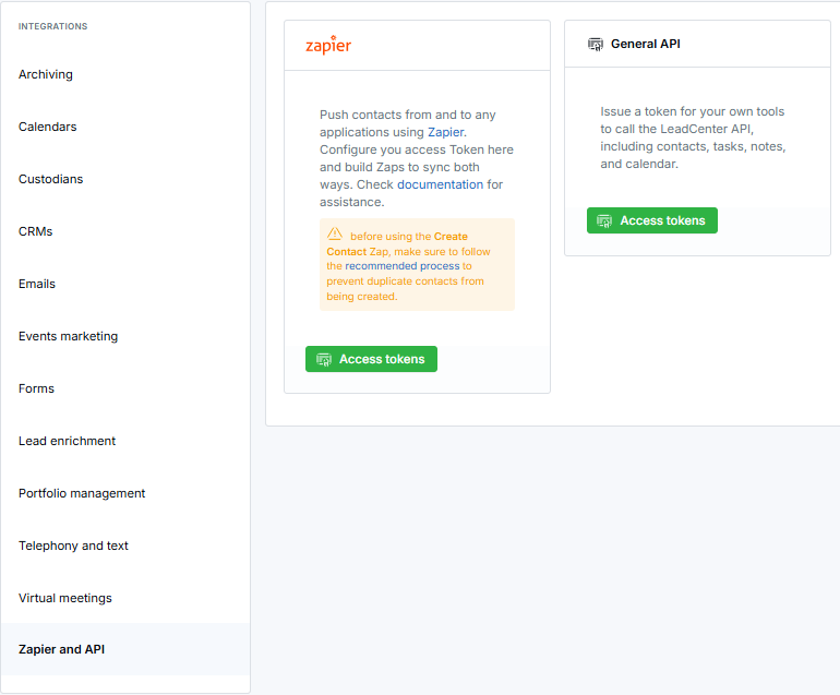 Integrations page with Zapier and API selected, showing the Zapier and General API cards