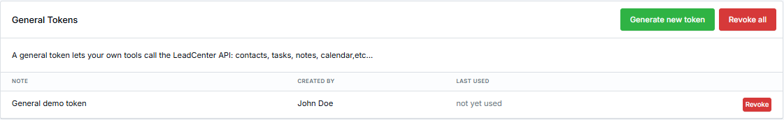 General Tokens page with Generate new token and Revoke all buttons and a list of tokens