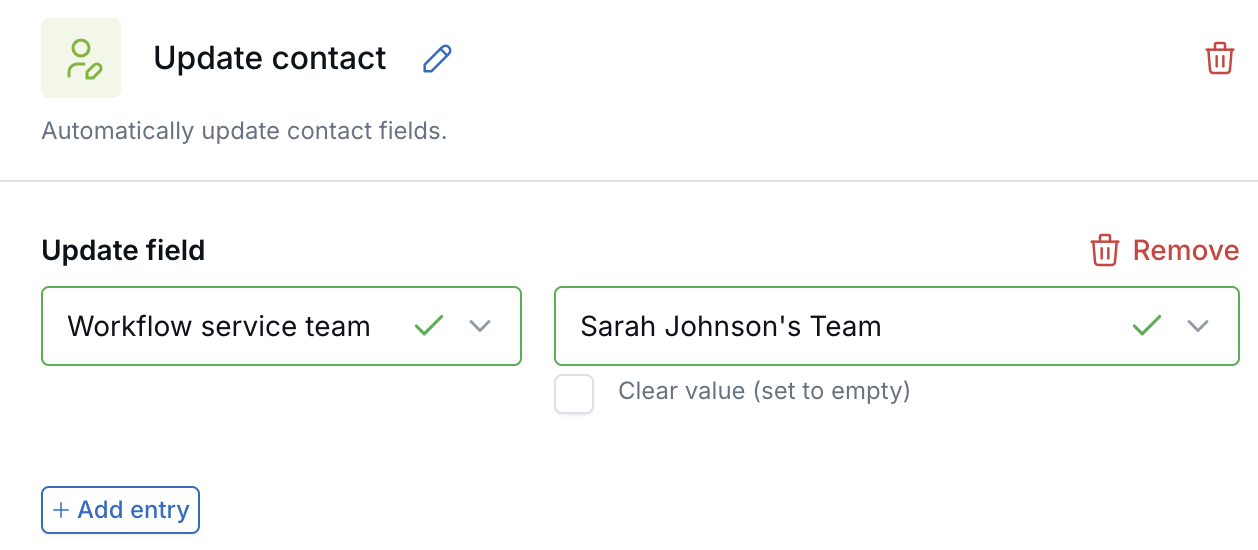Update contact workflow step with Workflow service team set to Sarah Johnson's Team