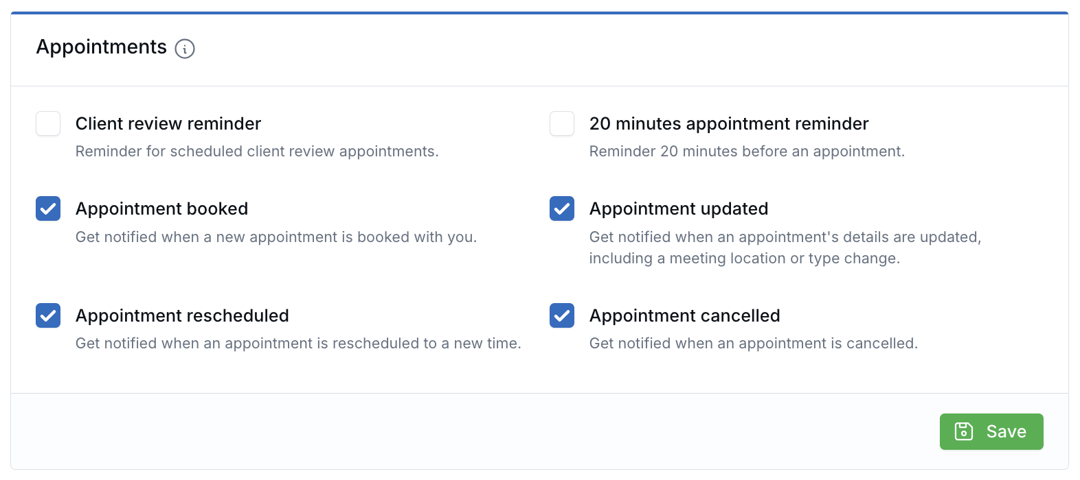 Personal notification Appointments section with booked, updated, rescheduled, and cancelled emails turned on