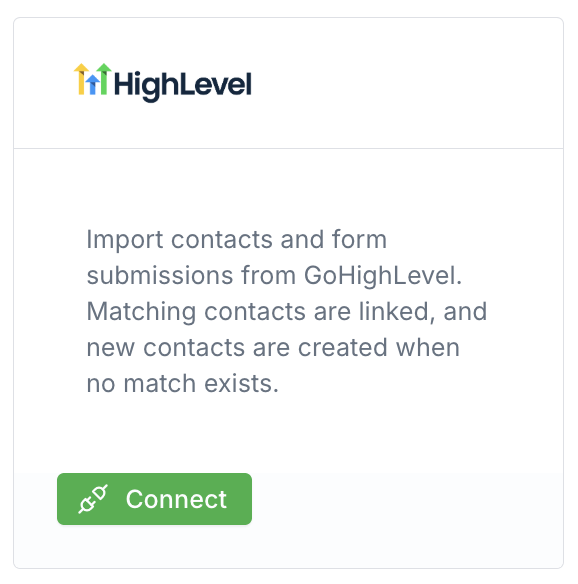 GoHighLevel card on the Integrations page, CRMs tab, with a Connect button