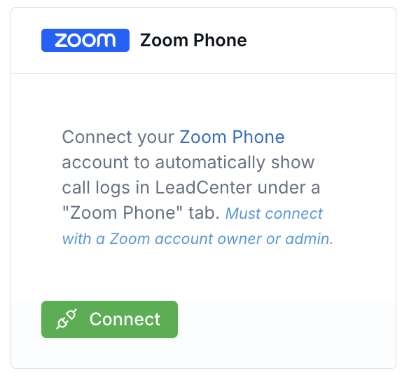 Zoom Phone card on the Integrations page, Telephony and text tab, with a Connect button