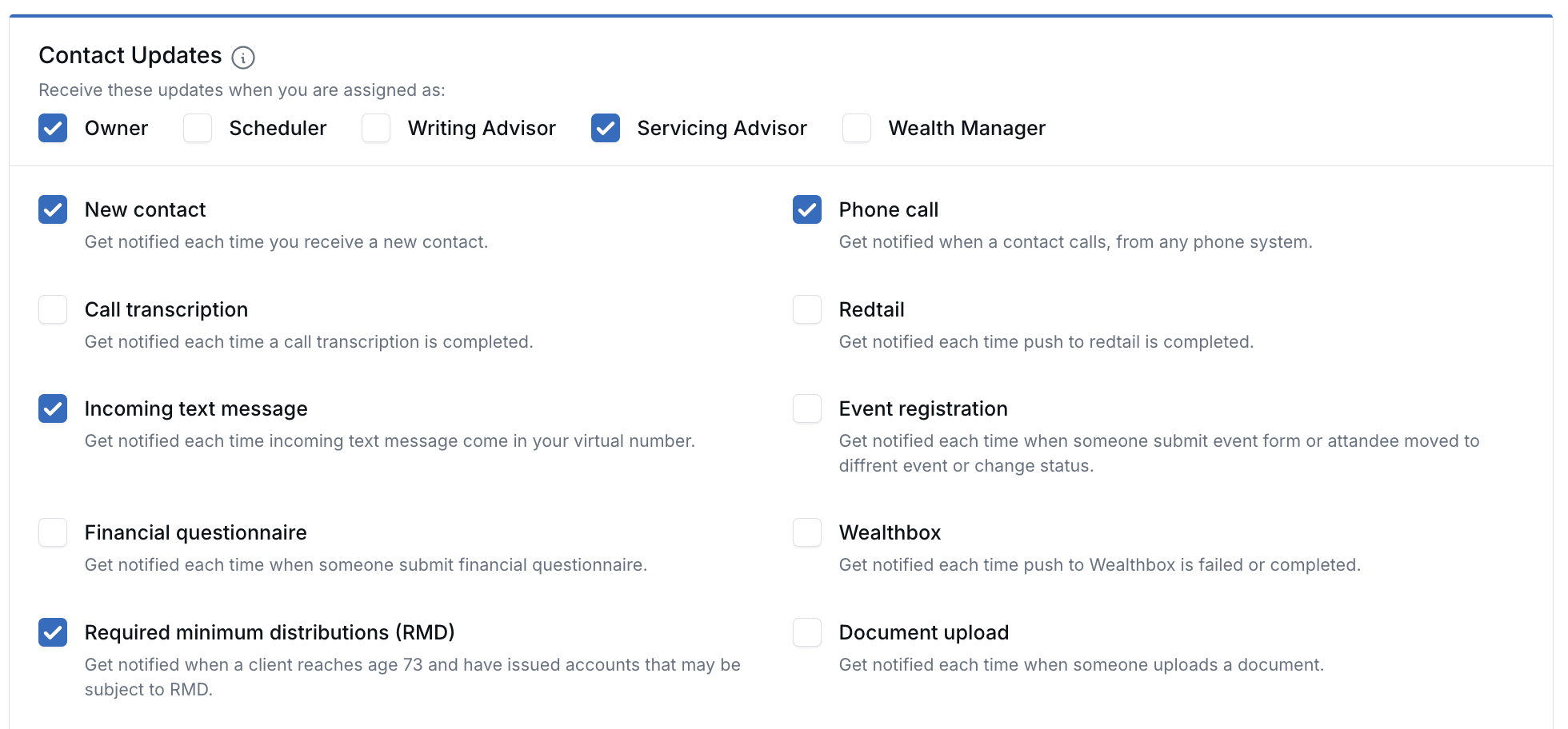 Contact Updates with Owner and Servicing Advisor roles checked, and New contact, Phone call, Incoming text message, and RMD checked