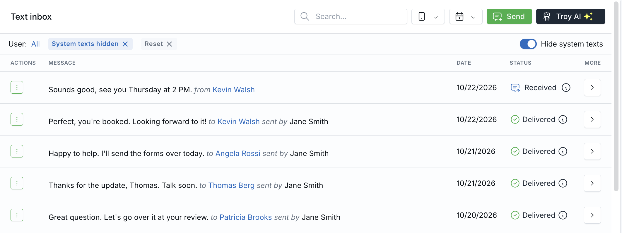 Text inbox with the Hide system texts switch turned on, a System texts hidden chip, and client replies and team-sent texts in the list