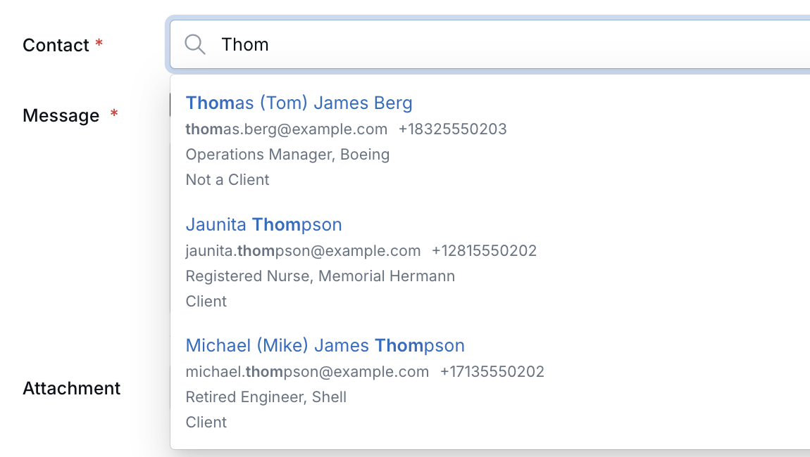 Contact search results showing each contact's job title and employer, then client status, under the name