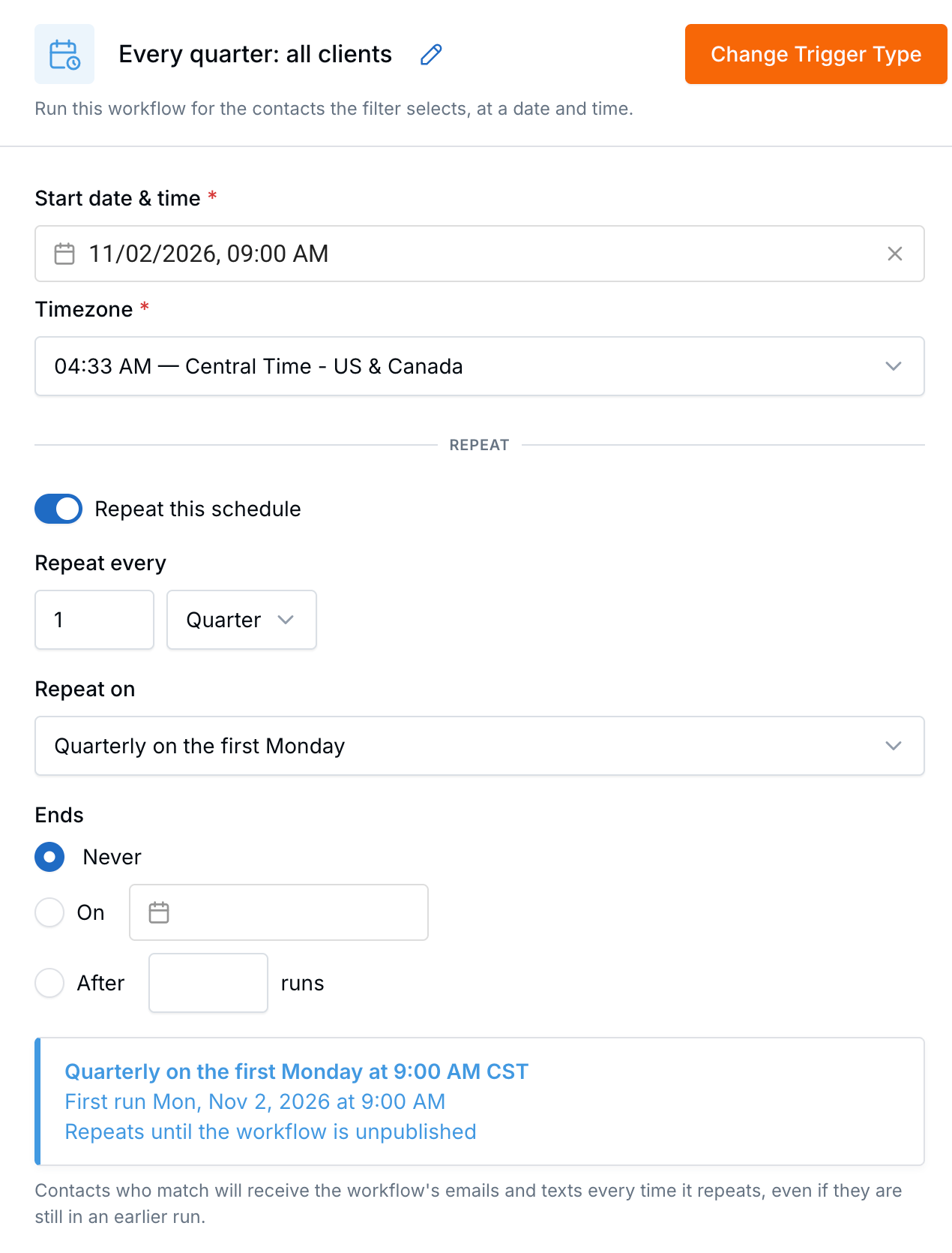 Schedule trigger settings with a start date of 11/02/2026 at 9:00 AM, Central Time, Repeat this schedule on, repeating quarterly on the first Monday, and a summary of the first run