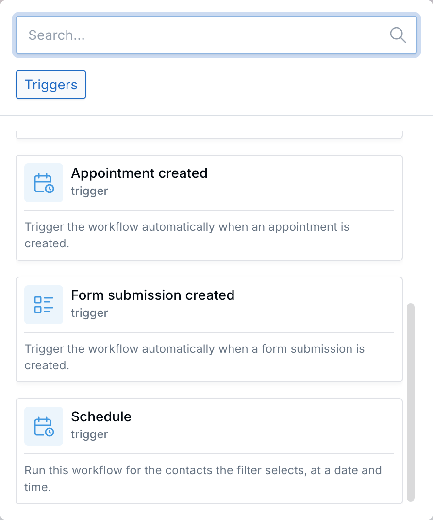 Trigger list with Appointment created, Form submission created, and Schedule