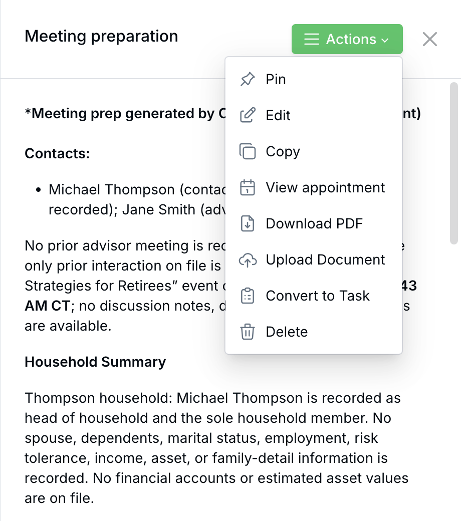 Claudia meeting note on an appointment with actions to copy, edit, and create a task