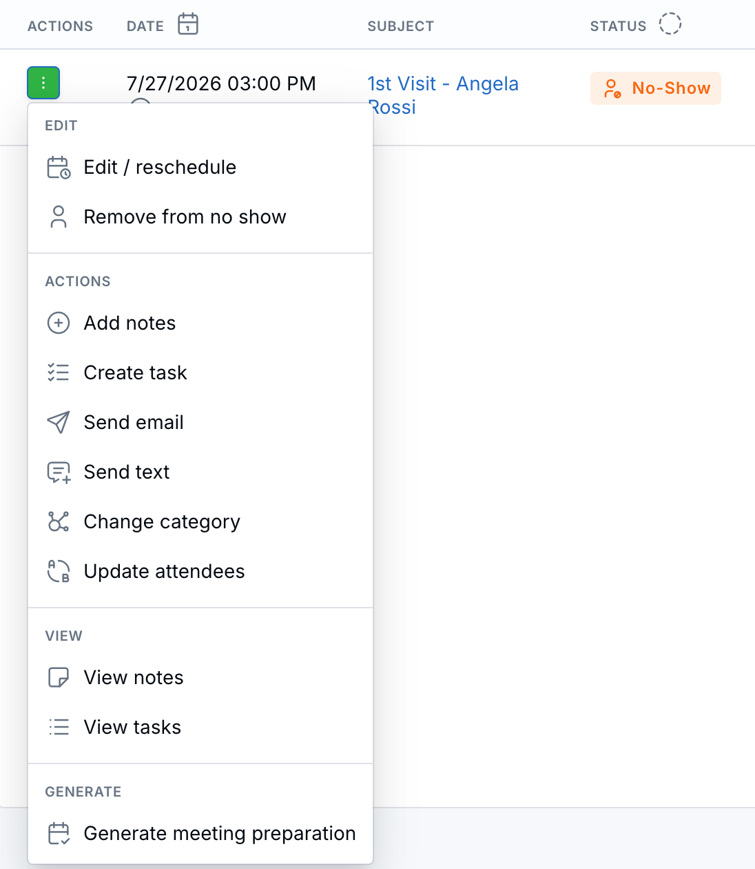 Appointment menu with the meeting prep option