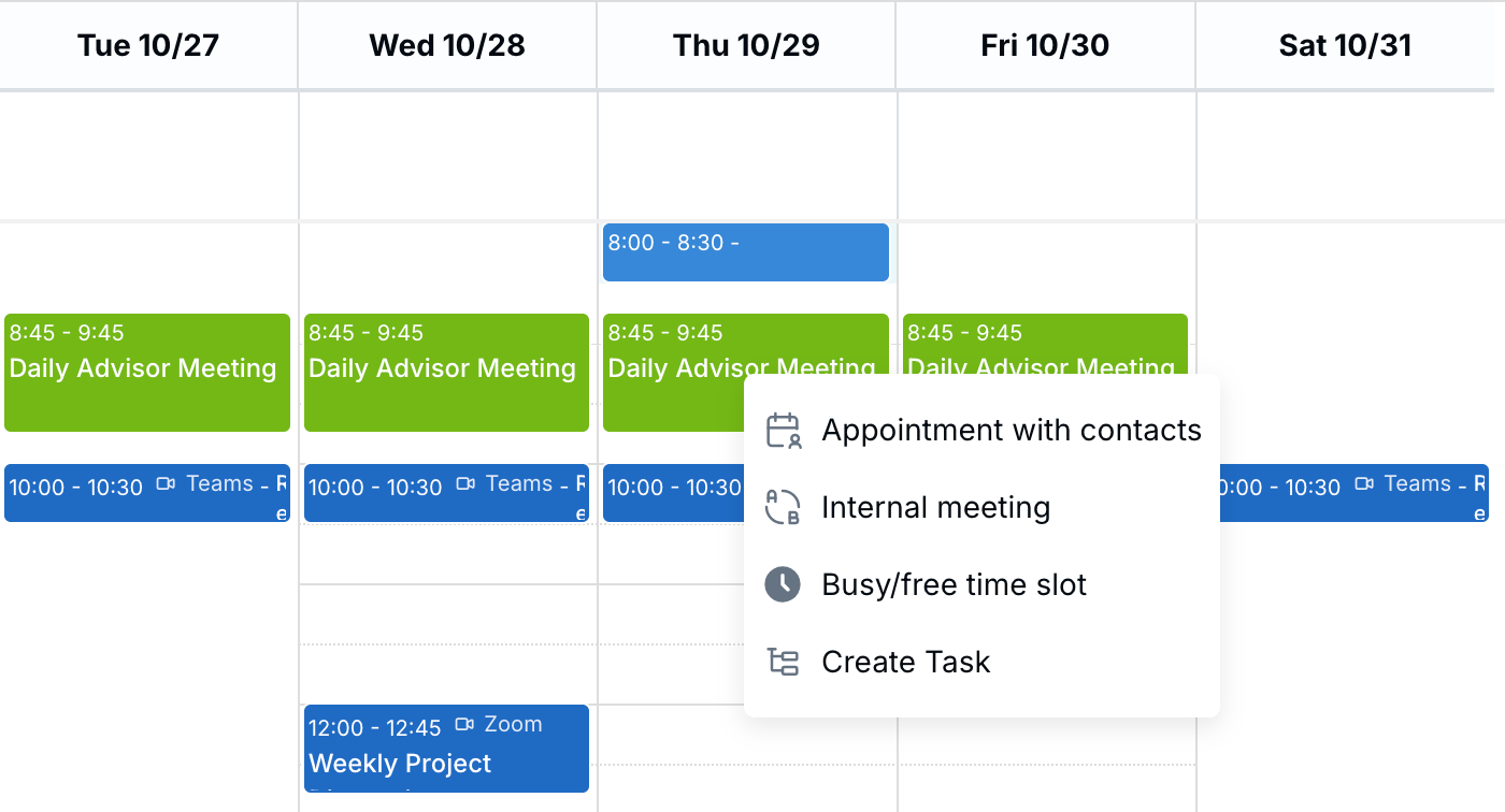 Calendar click menu with the Create Task option