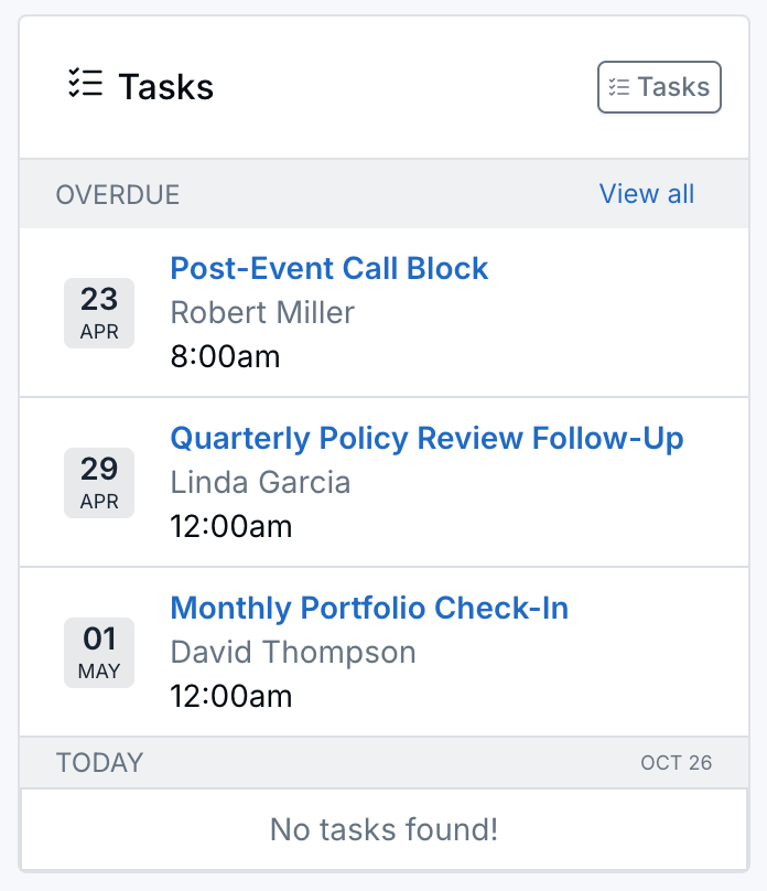 Home page Tasks card showing the client name under each task
