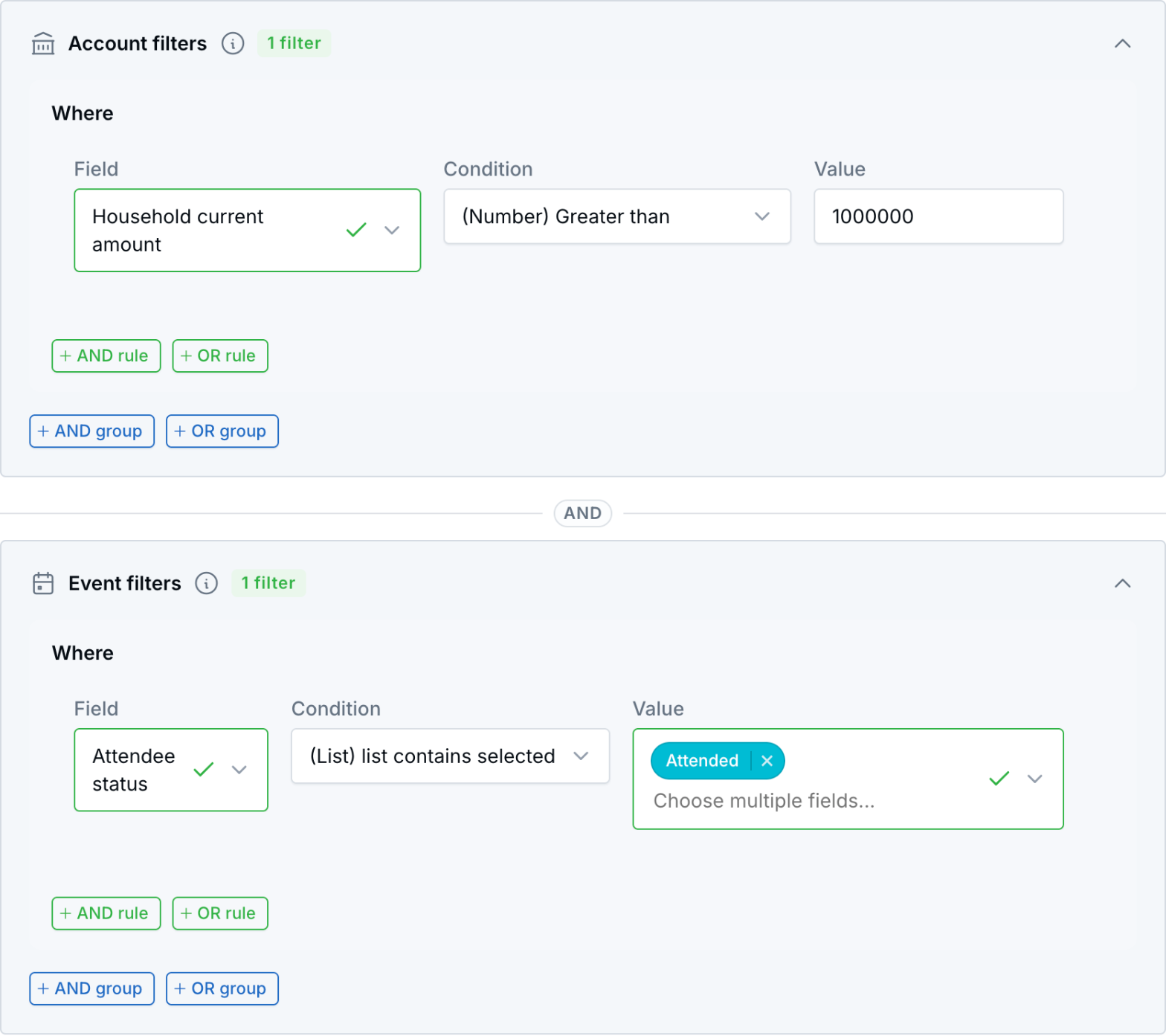 Advanced contacts filter with an Account filters rule for household current amount greater than 1,000,000 and an Event filters rule for attendee status Attended