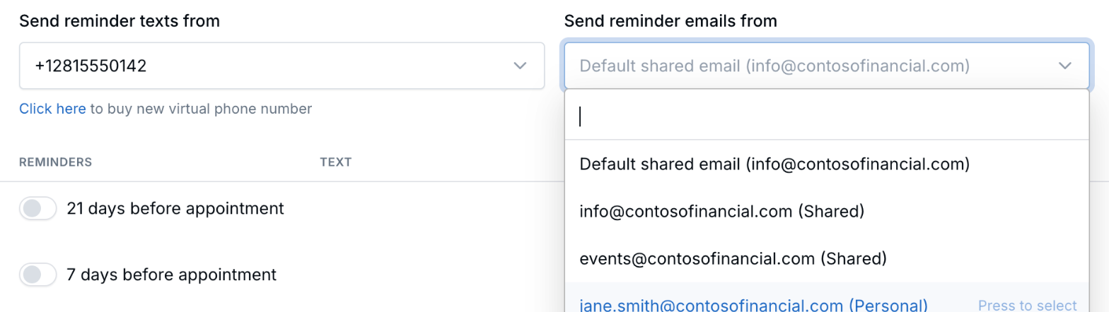 Send reminder emails from dropdown on a calendar with the default shared email, two shared emails, and the advisor's personal email
