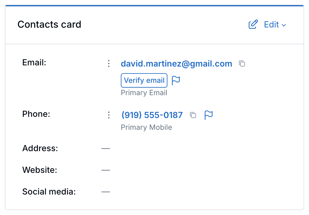 Contacts card with labeled rows for email, phone, address, website, and social media