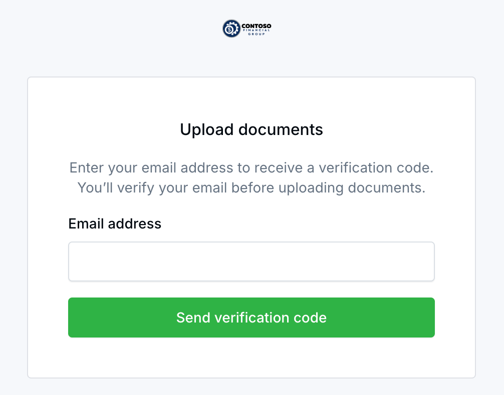 Upload documents page where a visitor enters an email address and clicks Send verification code