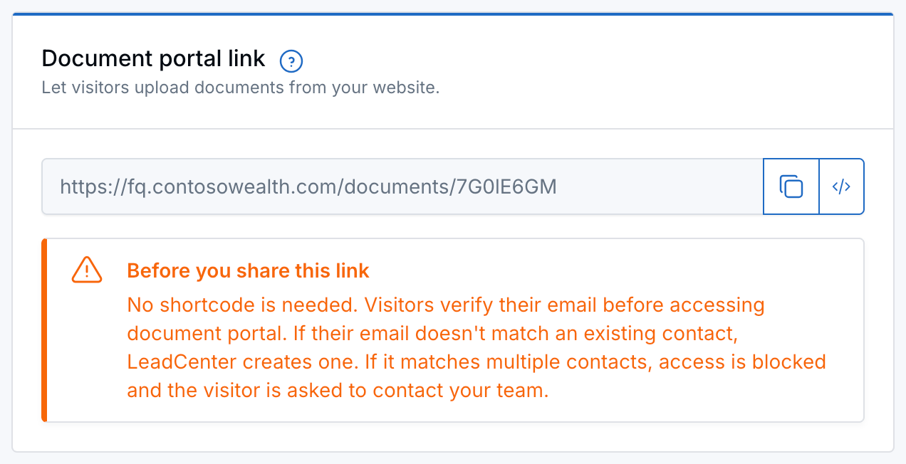 Document portal link card on the Secure client portal page with the link, copy and code icons, and the Before you share this link note