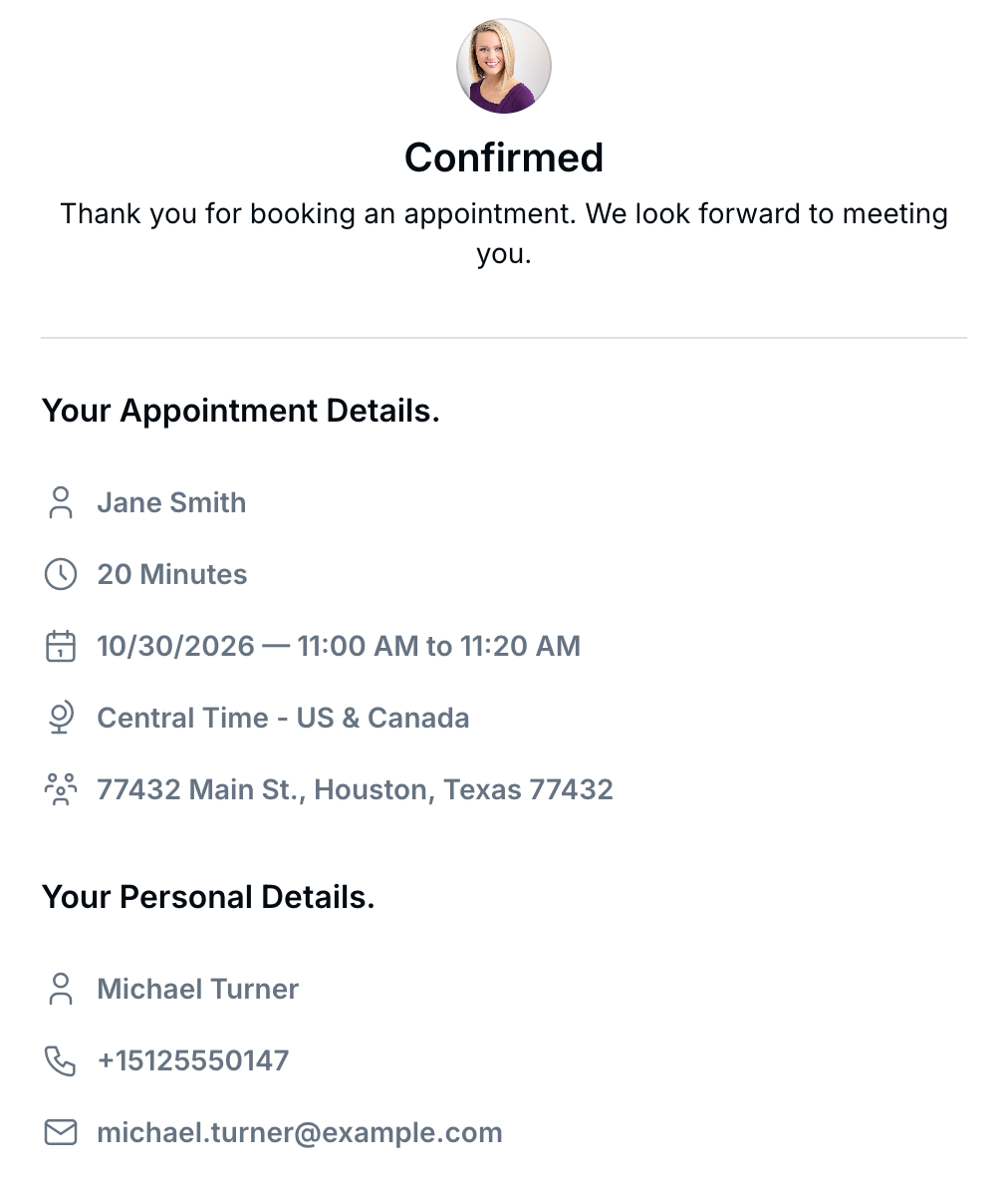 Booking confirmation page showing the host name Jane Smith as the first line under Your Appointment Details